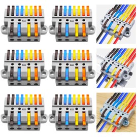 Dujelixa 4-in-8-out Lever Terminal Block Kit, Quad Input to Eight Output Splicing Connectors, DIN Rail/Screw Fix, 28-12AWG Conductor, 6 Pack with Mounting Hardware