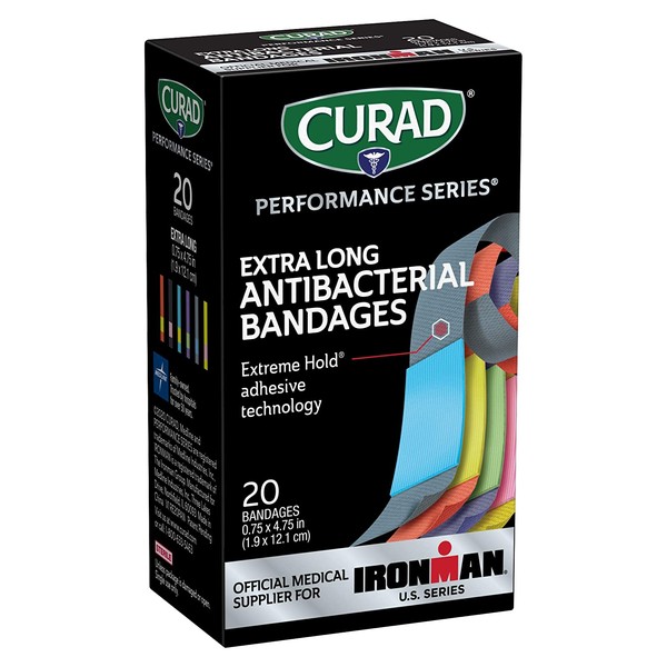 Curad Performance Series Ironman Extra Long Antibacterial Bandage, Extreme Hold Adhesive Technology, Fabric Bandages.75 x 4.75 Inch, 20 Count,CURIM5019