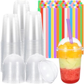 Foxtell 100 Pack Clear Plastic Cups with Dome Lids and Colorful Straws, 16oz PET Disposable Cups, U-Shaped Bottom Cup for Iced Coffee, Juice, Milkshake, Bubble Tea & Party Supplies