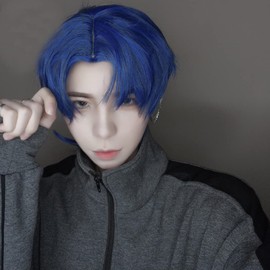 Full Wig, Men's Wig, Short Wig, Male Wig, with Net and Comb, Blue, Middle Part