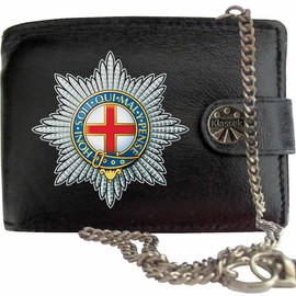 Klassek Coldstream Guards Image Men Chain Wallet Real Leather Cap Badge Emblem Military Crest Insignia RFID Blocking with Coin Pocket and Metal Gift Box