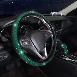 ToBeQueen Green Diamond Bling Car Accessories Set, 7 Pack: Steering Wheel Cover (15 inch), Seat Belt Cushions (2), Gear Shifter Cover, Push Start Button Cover, Car Cup Coasters (2), Green