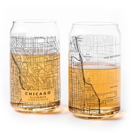 Black Lantern Beer Glasses - Pint Glass Set of 2 – Chicago City Map Can Shaped Pint Glasses - Drinkware for Craft Beer and Beer Lovers - 16oz Glasses with Gift Box for Chicago Lovers