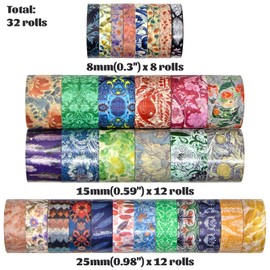 Voolcaoo Floral Washi Tape Set 32 Rollen, farbiges Masking Tape, Art Craft Tape für Scrapbook Supplies, Journal Set