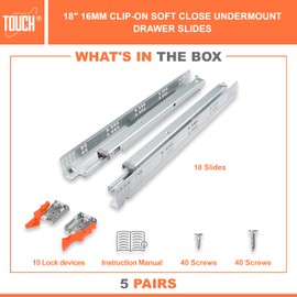 TOUCH Undermount Drawer Slides, Self-Soft Close (5 Pair, 18 Inch 457mm) for 1/2 and 5/8 Inch Side Panel, Kitchen Concealed Drawer Track Guide, Bottom Mount, 75 LB Capacity 3D Adjustable Lock Device.