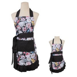 Surblue Women Hem Apron with 2 Pockets for MOM and ME Cotton Extra-Long Tie,Cute Mother and Daughter Apron Set for Cooking,Baking,BBQ,Painting and Gardening,Floral Black,2Pcs