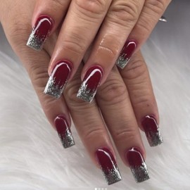 SINHOT Coffin Press on Nails Medium - Red Cat Eye Fake Nails Glossy Glue on Nails Acrylic Nail Art Ballerina Artificial Nail Silver Bling Glitter Stick on False Nail with Design DIY 24 pcs