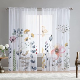 Fereyis Natural Sheer Window Curtains Elegant Pink Flower Floral Spring Butterfly Printing Drapes Grommets Textured Farmhouse Window Curtain for Bedroom Living Room 2 Panels 54WX84H Inch