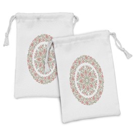 Lunarable Dusty Rose Fabric Pouch Set of 2, Mandala Inspired Floral Round with Curvy Branches and Blossoms, Small Drawstring Bag for Toiletries Masks and Favors, 9" x 6", Pale Pink Reseda Green