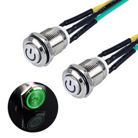 JIQI 2 x 12 mm Momentary Pressure Switch 12 V to 24 V 2 A IP66 1NO with Power Symbol LED, Waterproof Metal Button with Connecting Wires Momentary Push Button Switch for Truck RV Car (High Head, Green)