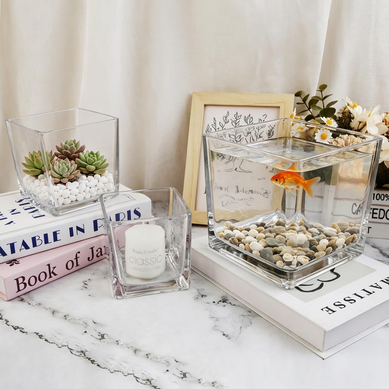 Square Glass Vase, Clear Glass Cube Makeup Brush Holder, Multi-Purpose