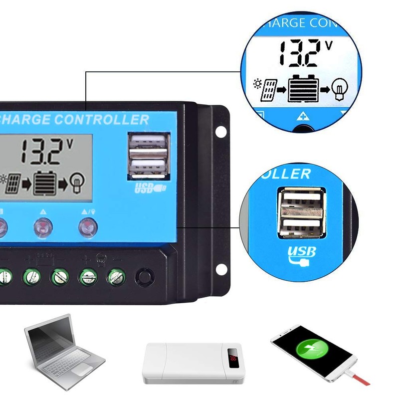 10A Solar Charge Controller,Solar Panel Controller 20Amp Dual USB 12V/24V