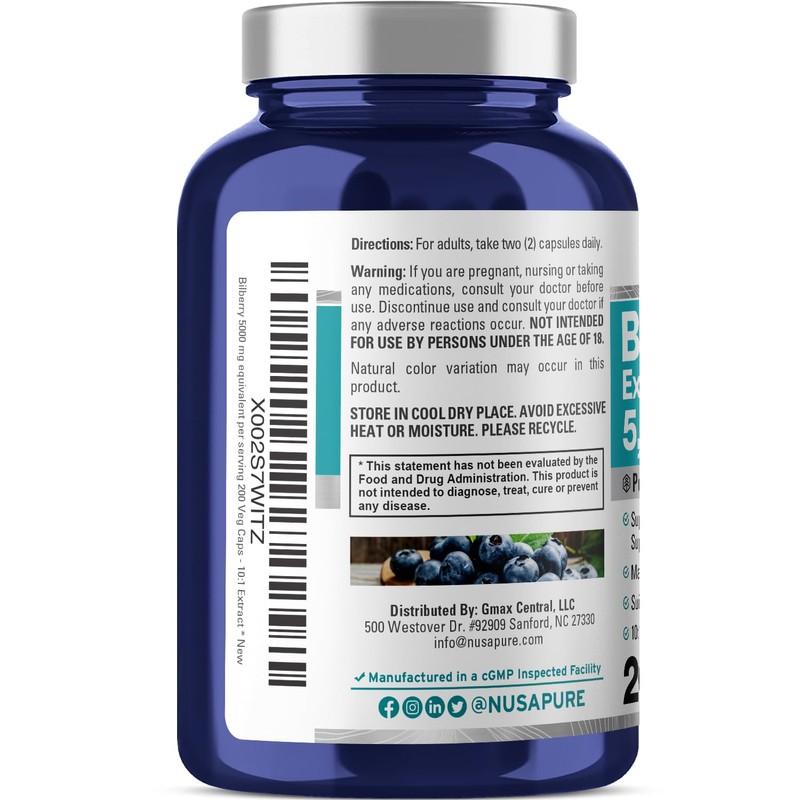 NusaPure Bilberry Extract 5,000mg 200 Vegetarian caps (Non-GMO, Vegan)