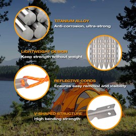 Tripmas Ultralight Titanium Tent Stakes - Anticorrosive Tent Pegs V-Shaped Design Reflective Pull Cords & Pouch - Pack of 6
