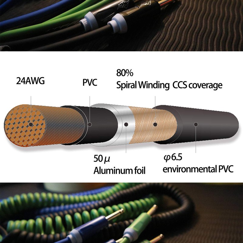 Aestivate Guitar Coil Cable Base Shielded Curl Cord 6.35mm Stereo