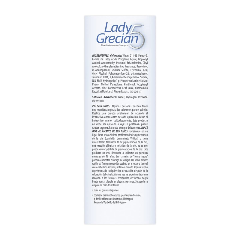 Lady Grecian 5, Tinte Colorante en Shampoo Cabello Maltratado Paquete