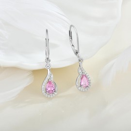 FATACI Women 925 Sterling Silver Teardrop Dangle Drop Leverback Earrings with 5A Cubic Zirconia October Rose Zircon Birthstone for Her Mom Mother Wife Daughter Jewelry Gifts