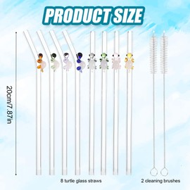 Gosknor 8pcs Reusable Glass Straws with Charms, Cute Turtle Straight & Bent Drinking Straw with 2pcs Cleaning Brush for Smoothies Iced Coffee Juice Shatterproof Aesthetic Drinkware