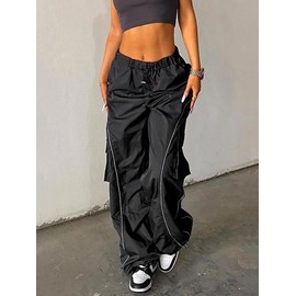 LQI Parachute Pants for Women Elastic Waistline Drawstring Cargo Pants Y2K Womens Joggers with Pockets Casual Hiking Pants B Black