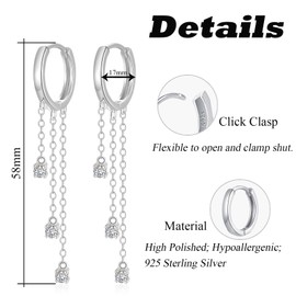 Hasnsofie Silver Hoop Earrings Hanging, 925 Sterling Silver Round Hoop Earrings for Women, Hypoallergenic Long Tassel Chain Drop Earrings with Zirconia, Small Hoop Earrings with Gift Box, Sterling