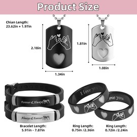 WEIZHUANG 6/Pcs Set Glowing Heart Hand in Hand Stainless Steel Matching Couple Necklaces,Bracelets and Rings, Fashion Love Gift, Romantic Accessories (Hand in Hand)