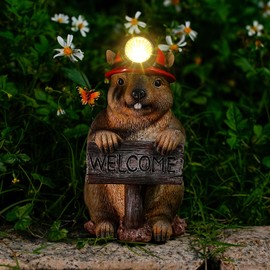 TOLIMI Groundhog Welcome Garden Statue with Solar Headlamp – Funny Animal Outdoor Yard Decor with LED Light and Butterfly – Waterproof Resin Garden Ornament for Patio, Lawn, Pathway