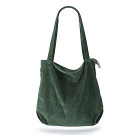 Women Corduroy Tote Bag, Casual Handbags Big Capacity Shopping Shoulder Bag with Pocket (Blackish green, One size)