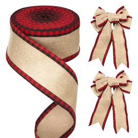 G2PLUS Christmas Jute Ribbon with Wire, 6.4 cm Wide Gift Ribbon for Crafts, 10 m Hessian Ribbon with Red and Black Chequered, Christmas Decorative Ribbon Wired for Gift, Wreath, Christmas Tree