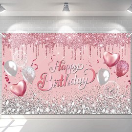 Avezano Rose Gold Birthday Backdrop Rose Pink and Sliver Glitter Balloons Banner Rose Gold Birthday Decorations for 16th 18th 21st 30th Women Girls Birthday Photoshoot Background 70.8 x 43.3 Inch