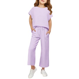 Haloumoning Girls' Clothing Sets Kids Fashion Short Sleeve Crew Neck Tops Wide Leg Pants Sweatsuit with Pocket 5-14Y