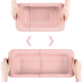 Collapsible Colander Kitchen Extendable Strainer Fruits Vegetables Noodle Pasta Food Drain Basket Space-Saver Portable Drainer Over Sink (1, 4#Pink)