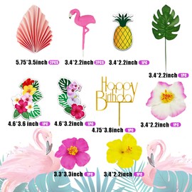 12 decoraciones para tartas de flamenco, hojas de palma, flores de hibisco, decoraciones hawaianas para tartas tropicales con temática de luau, suministros de fiesta de cumpleaños