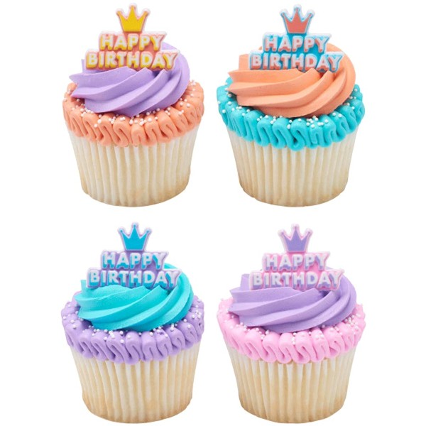 Anillos para cupcakes con corona de feliz cumpleaños, 24 unidades