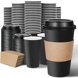 Ginkgo 100 Pack Disposable Coffee Cups with Lids and Sleeves 16 oz, To Go Black Paper Hot Drinks Cups for Home, Cafes and Coffee bar Accessories