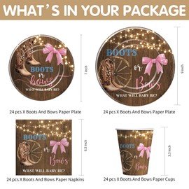 FVABO Boots or Bows Gender Reveal Decorations Tableware, Cowboy Boots Pink Bows He or She Gender Reveal Party Supplies for Baby Shower, Paper Plate, Cup, Napkin, Cutlery, Tablecloth, Serves 24