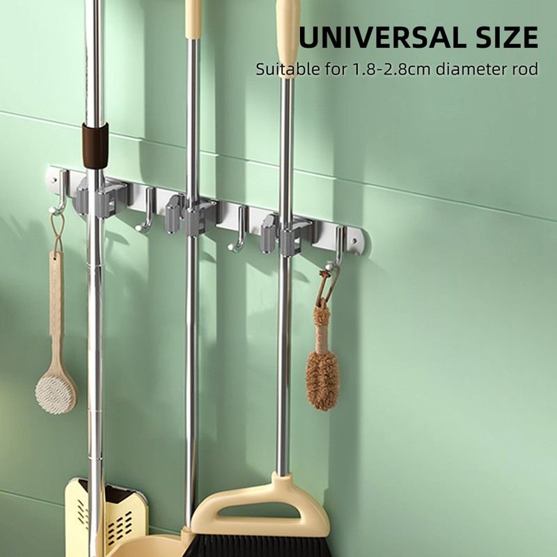 2pcs 304 Stainless Steel Broom Holder 3 Racks 4 Hooks