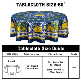 Giwawa Blue Lemon Tablecloth Round 60 Inch Boho Floral Fabric Table Cover Washable Waterproof Table Cloth for Kitchen Dining Picnic Party Decor