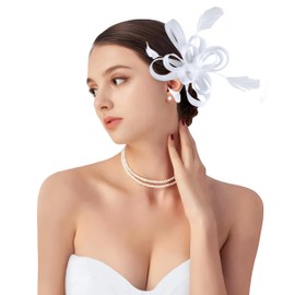 dressfan Derby Hats Fascinator for Women,20s 50s Vintage Church Hat Wedding Feather Hair Clip Headband Hair Accessories Headwear for Derby/Church/Cocktail/Wedding/Tea Party,T12-White