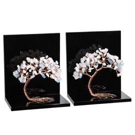 mookaitedecor Natural Rose Quartz & Aquamarine Crystal Money Tree Stones Bookends, Decorative Acrylic Stone Tree Book Ends for Shelves Desktop Organizer Home Office,3-4inch (1 Pair)