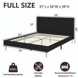 Zevemomo Upholstered Bed Frame Full, Velvet Upholstered Bed Frame with Headboard, Mattress Foundation with Sturdy Wooden Slats, No Box Spring Needed, No Noise, Black