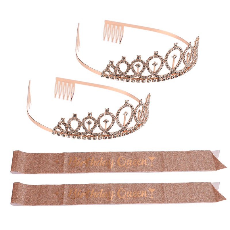 2 Sets Bridal Sash Rhinestone Tiara Kit Shiny Rose Gold