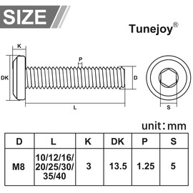 Tunejoy Pack of 20 Flat Head Screws M8 x 12 mm Flat Head Screws Stainless Steel A2 V2A Furniture Screws Hexagon Socket Full Thread with Allen Key
