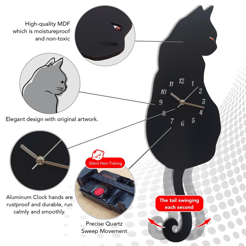 Trend Tick Black Cat Swinging Wall Clock, Cat Clock, Cat