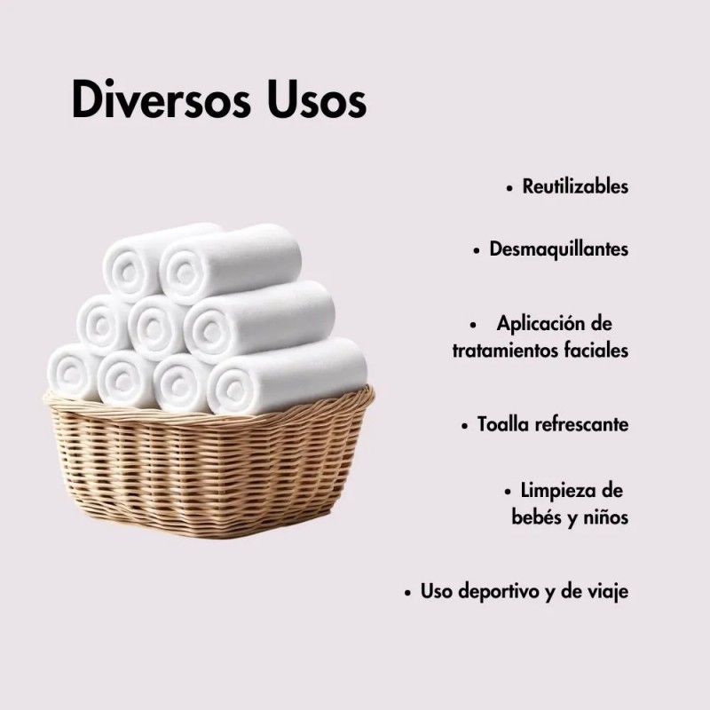10 Toallas Faciales Reutilizables Microfibra Suave 30x30cm Blanco Lisa