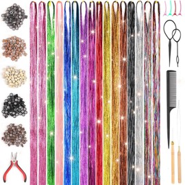 Druuzyl Hair Tinsel, 16 Colours Sparkle Tinsel Hair Extensions, 48 Inch Hair Tinsel with Tool, Glitter Hair Strands for Braiding Hair Tinsel for Women, Girls, Children, Party Accessories
