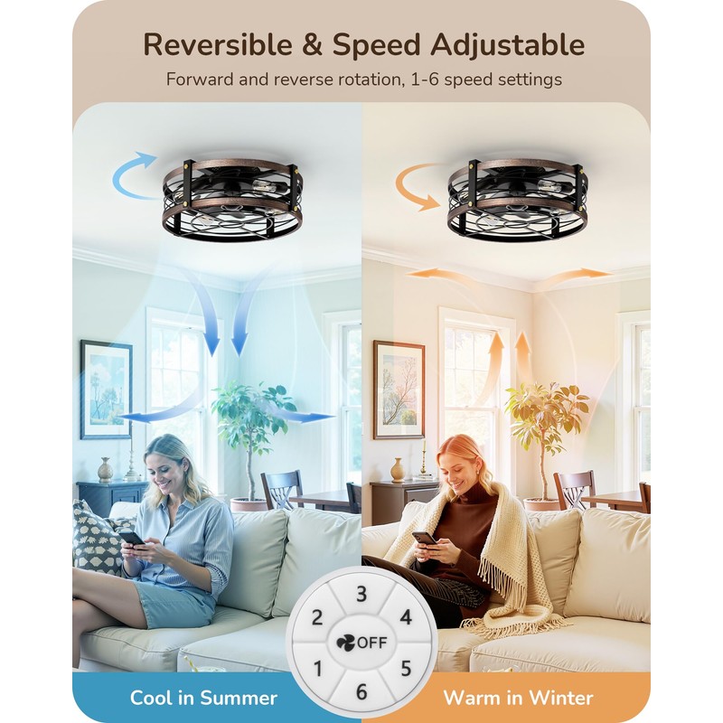 EDISHINE 21" Pre-Assembled Ceiling Fans with Lights Flush Mount, 10%-100%