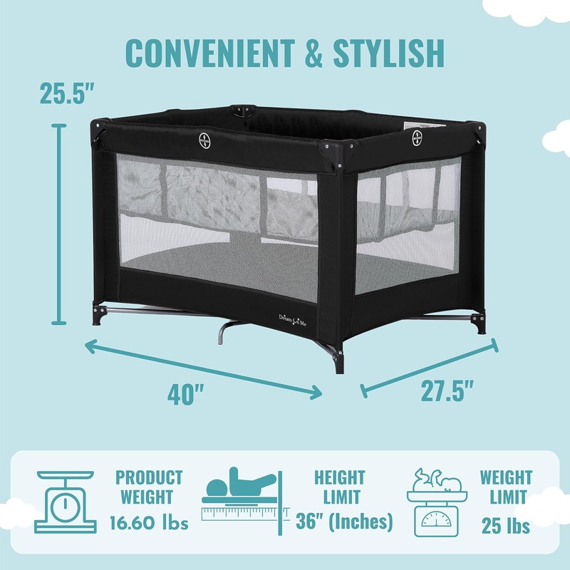 Dream On Me Zazzy Portable Playard with Bassinet in Black,