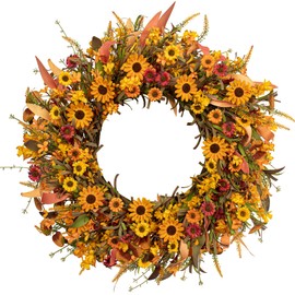 J'FLORU Artificial Fall Wreath 22 Inch Fall Wreaths for Front Door Autumn Wreath with Daisy and Lavender Berry Fall Leaves for Porch Farmhouse Thanksgiving Day Harvest Festival
