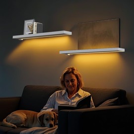 BAMEOS Floating Shelves with LED Lights, 31" White Wall Mounted Wooden Shelves with Invisible Brackets, Set of 2, Hanging Wall Shelves for Bedroom, Bathroom, Living Room and Kitchen Decoration