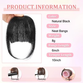 Clip In Fringe Natural Black 100% Real Human Hair Bangs Clip in Air Bangs On Hairpiece Fake Bangs With Temple Wispy Bangs Hair Extensions for women Daily Wear (Clip in Neat Bangs)